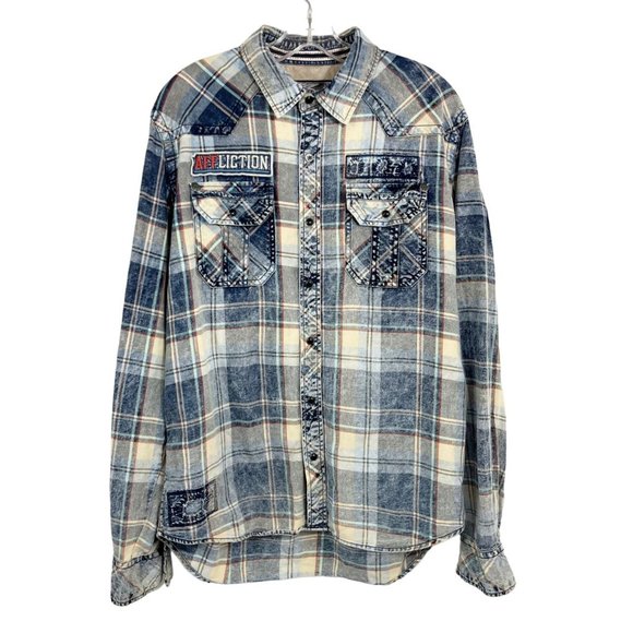 Affliction Black Premium Axle Grease Shirt Snap Buttons Distressed Plaid LARGE - Picture 2 of 10